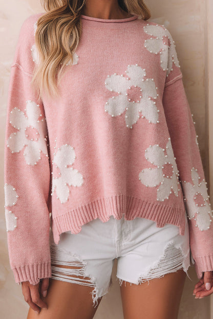 Jaycee Pearl Beaded Floral Drop Shoulder Sweater  DAME BOHEME