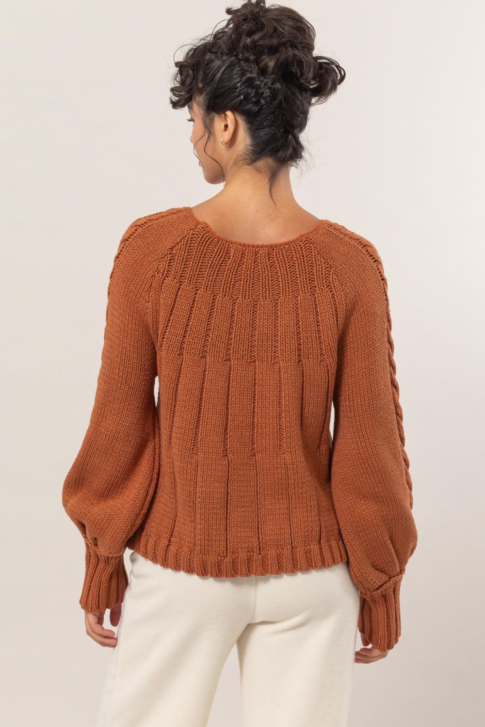 HYFVE Cable-Knit Round Neck Raglan Sleeve Sweater Trendsi