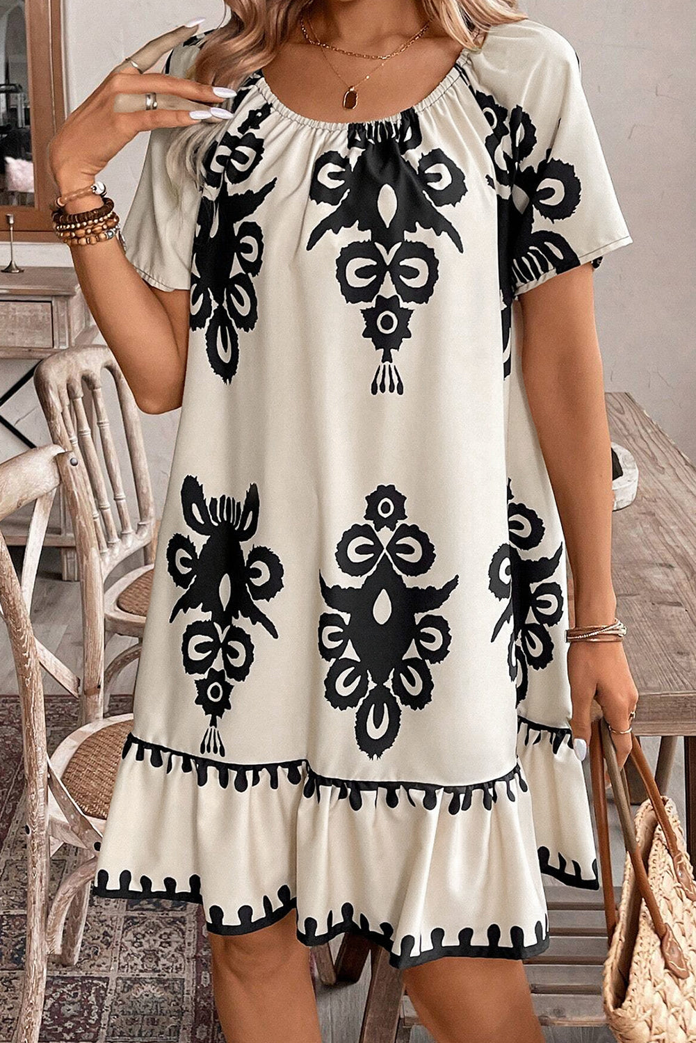 Apricot Ethnic Print Ruffle Hem Loose Mini Dress  DAME BOHEME