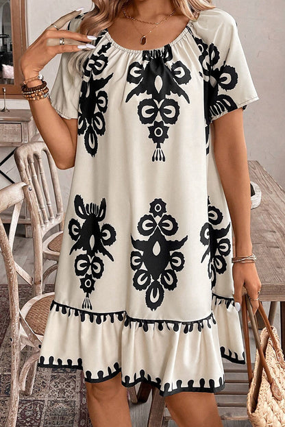 Apricot Ethnic Print Ruffle Hem Loose Mini Dress  DAME BOHEME
