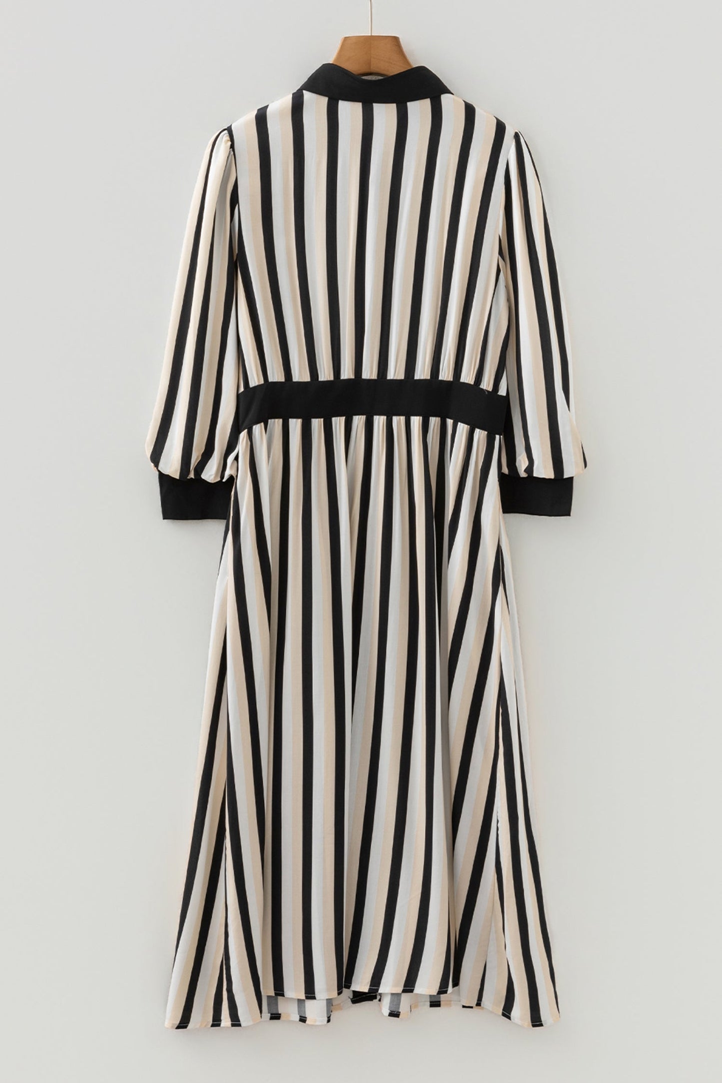 Black Stripe 3/4 Puff Sleeve Shirt Style Button Down Midi Dress  DAME BOHEME