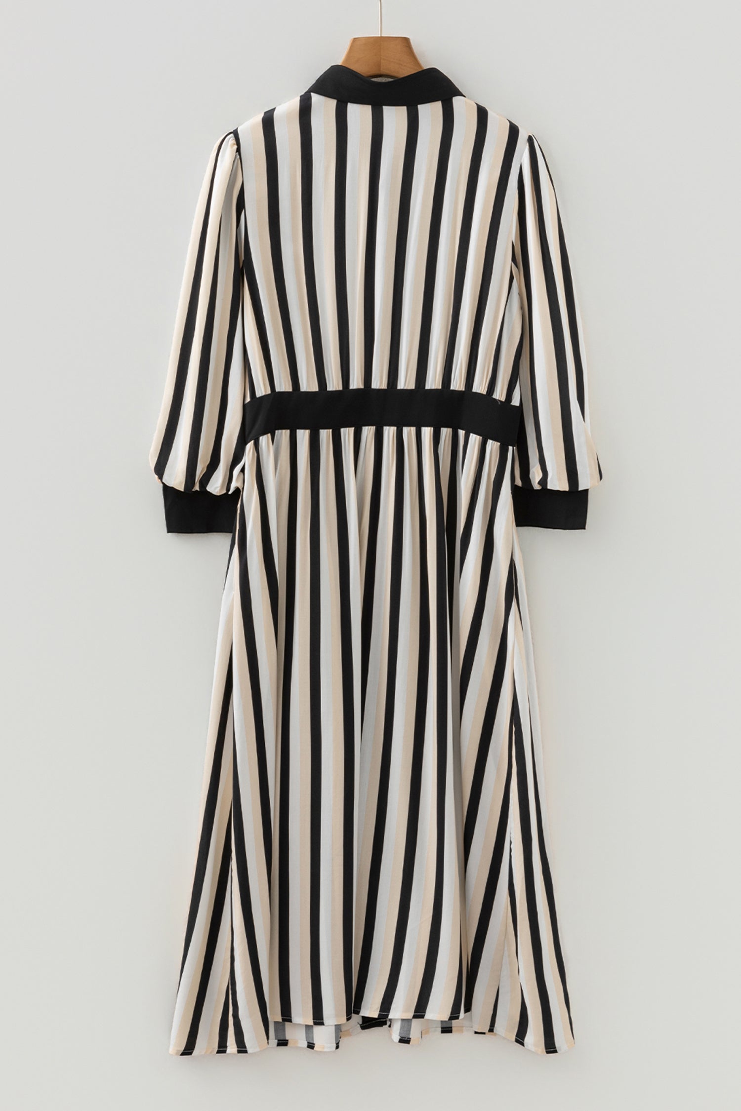 Black Stripe 3/4 Puff Sleeve Shirt Style Button Down Midi Dress  DAME BOHEME