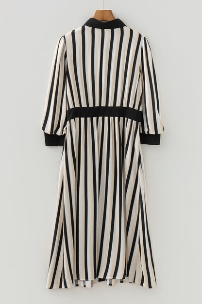 Black Stripe 3/4 Puff Sleeve Shirt Style Button Down Midi Dress  DAME BOHEME