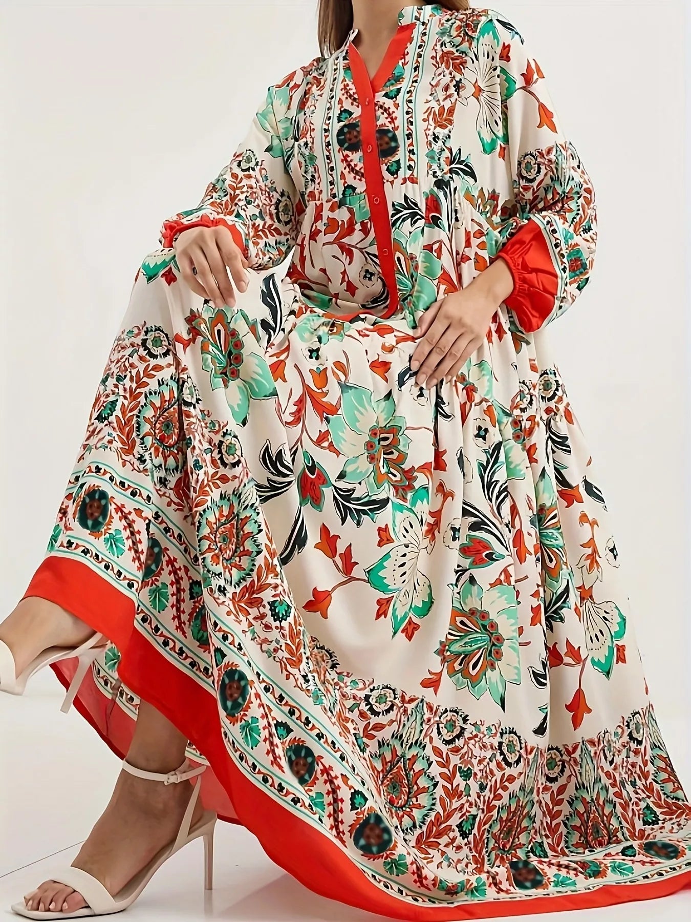 Printed Notched Long Sleeve Maxi Dress  DAME BOHEME