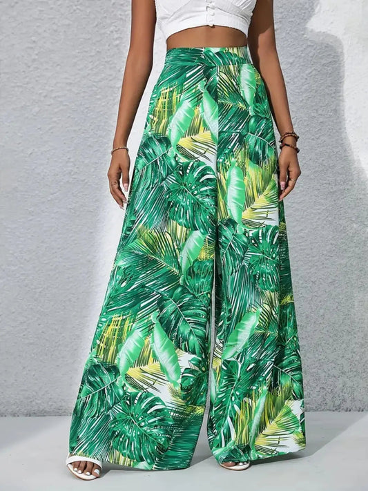 Tropical Print High Waist Wide Leg Pants Trendsi