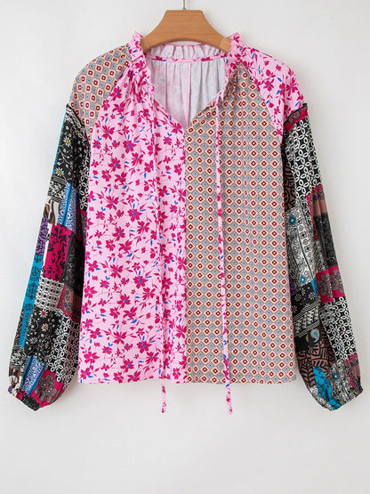 Boho Mixed Floral Drop Shoulder Bubble Sleeve Blouse