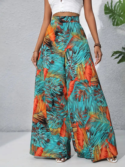 Tropical Print High Waist Wide Leg Pants Trendsi