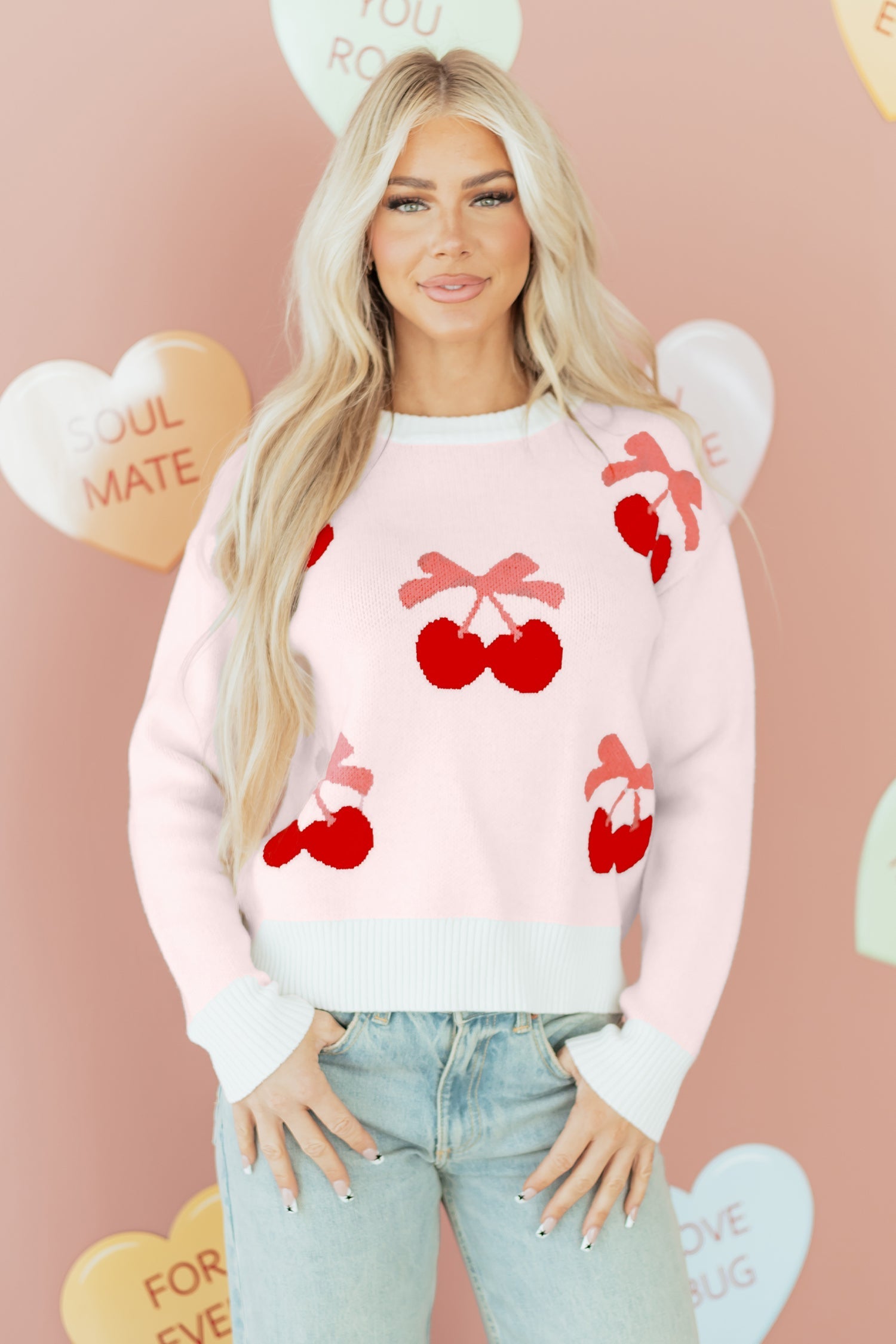 Nevaeh Cherry Pattern Drop Shoulder Sweater  DAME BOHEME