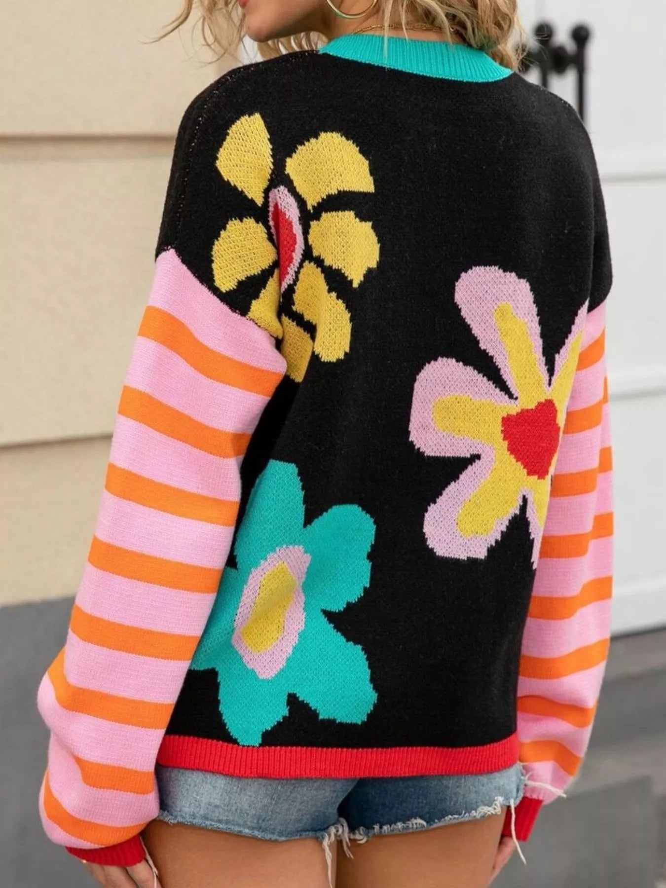 Retro Floral Striped Sleeves Crew Neck Sweater  DAME BOHEME