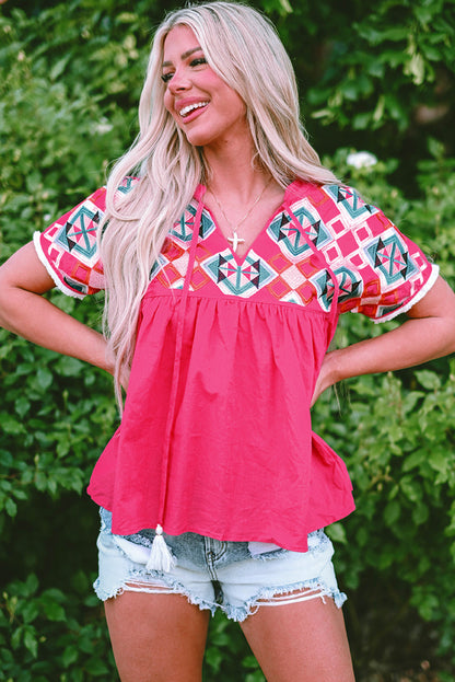 Zayla Embroidered Tassel Tie V-Neck Blouse  DAME BOHEME