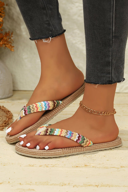 Khaki Bohemian Vacation Straw Woven Rainbow Strap Flip Flops  DAME BOHEME