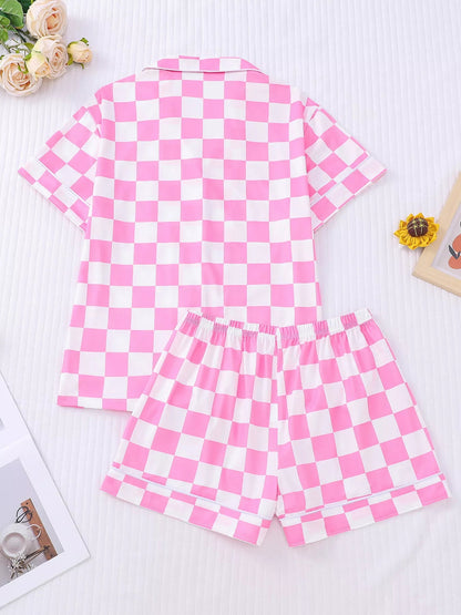 Checkered Print Button Up Top and Shorts Lounge Set  DAME BOHEME