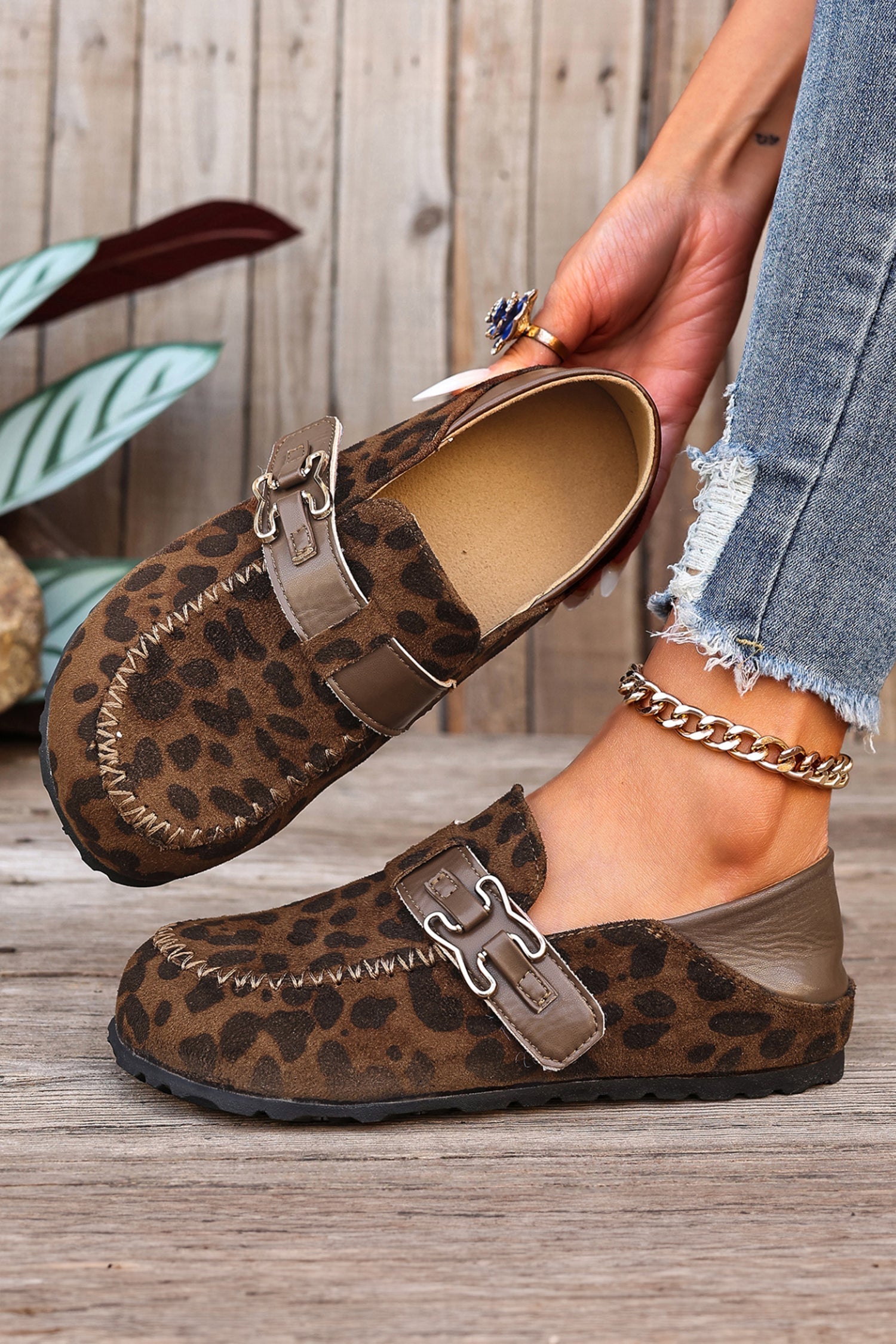 Coffee Faux Suede PU Leather Patchwork Retro Buckle Slip On Shoes  DAME BOHEME