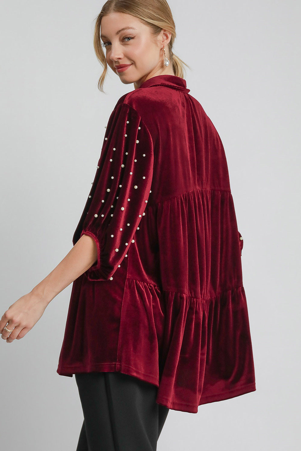 Umgee Pearl Detail Collared Neck Velvet Babydoll Blouse Trendsi