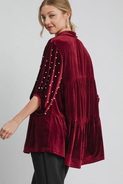 Umgee Pearl Detail Collared Neck Velvet Babydoll Blouse Trendsi