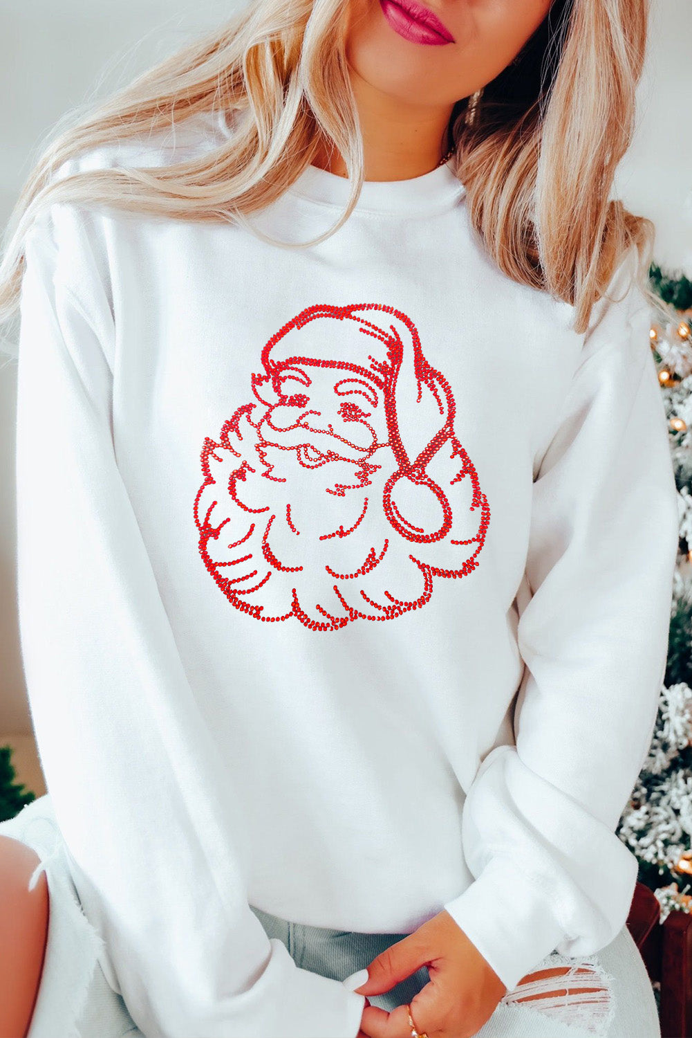 White Father Christmas Rhinestone Graphic Drop Shoulder Sweatshirt  DAME BOHEME