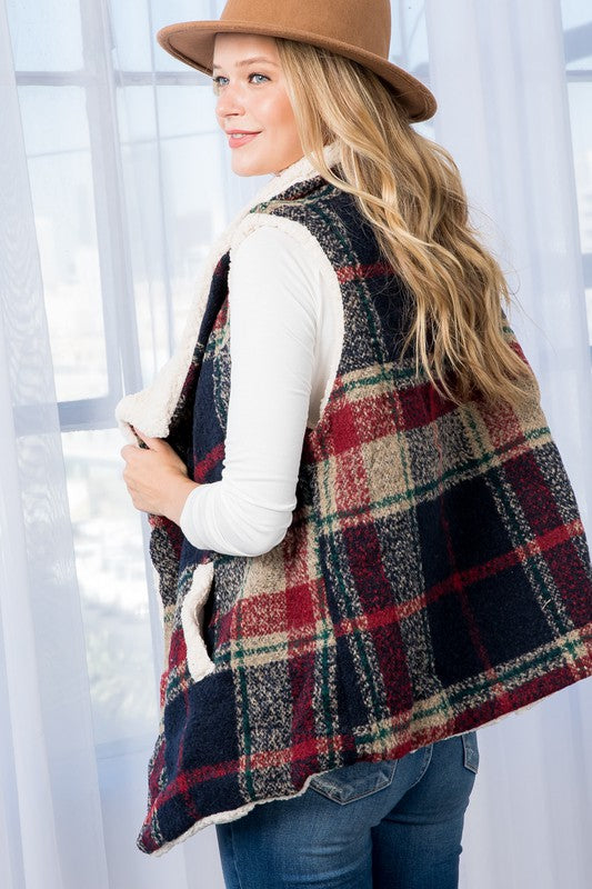 Plaid Oversized Collar Sherpa Vest