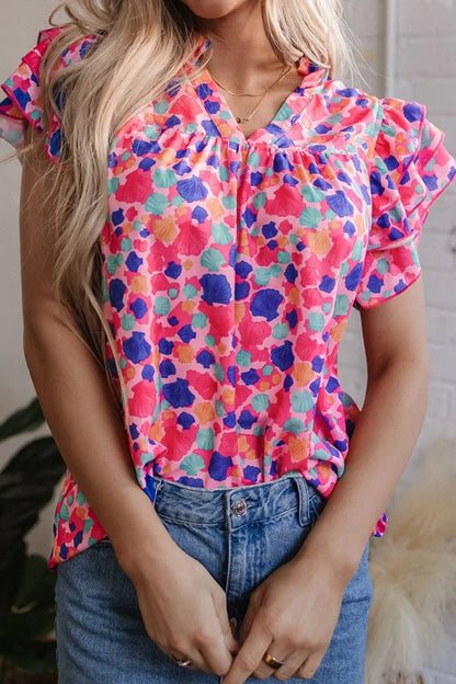 Abstract Print Ruffled Sleeve Notched Blouse Simply Love