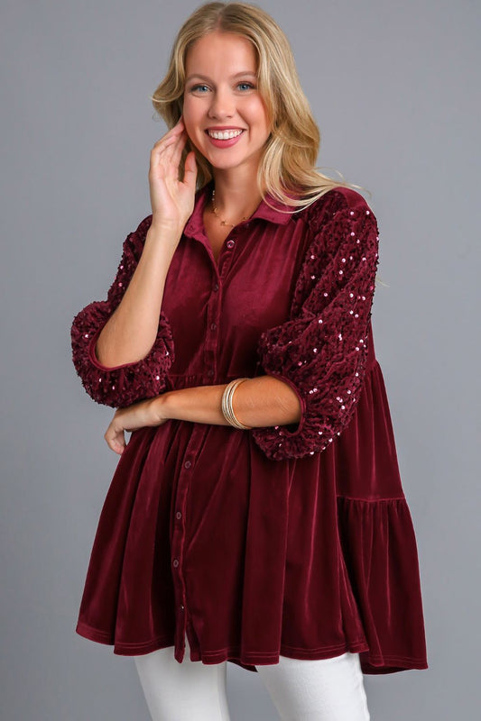 Umgee Sequin Detail Tiered Back Half Sleeve Shirt Trendsi