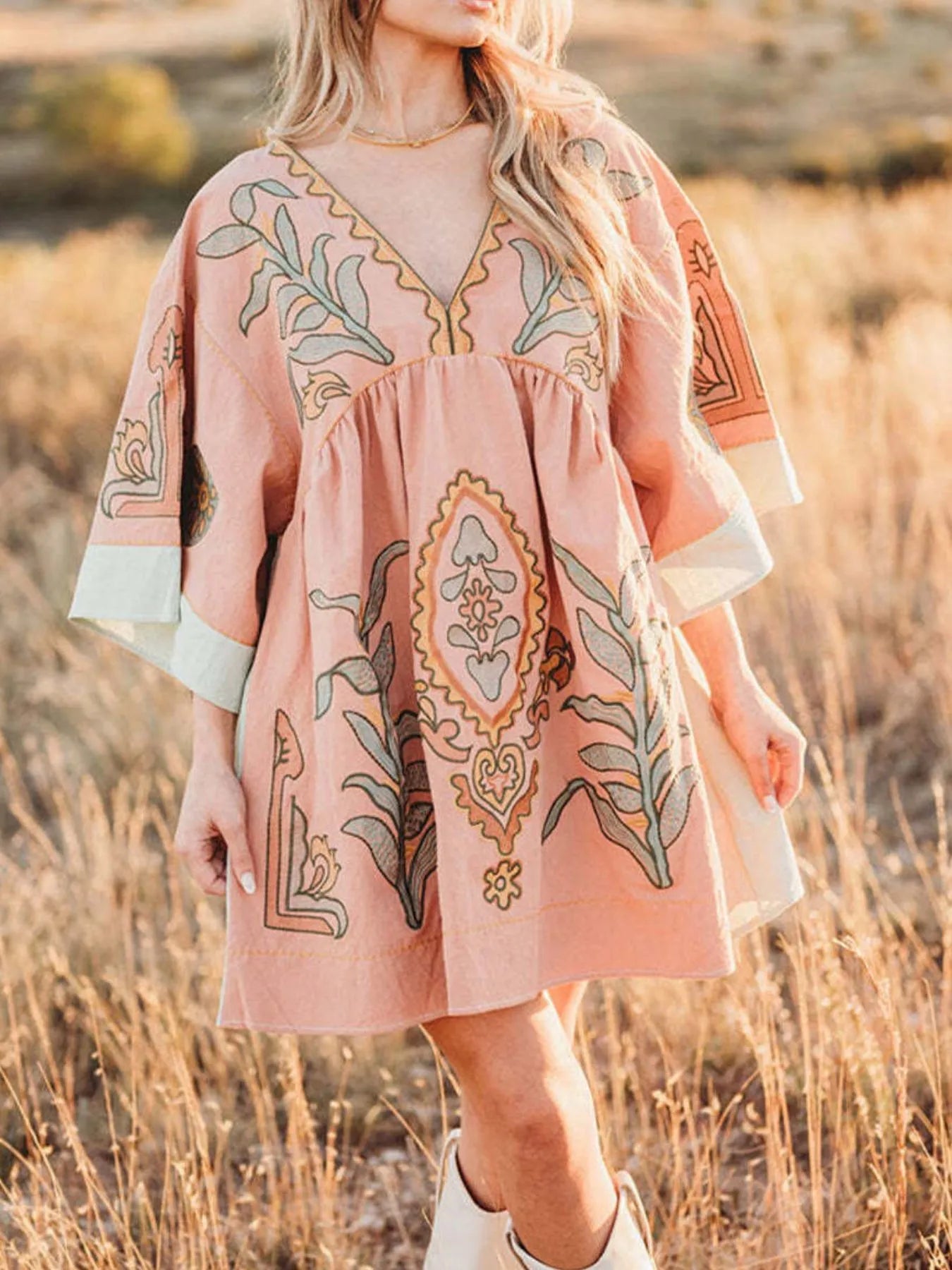 Printed V-Neck Kimono Sleeve Mini Dress Trendsi