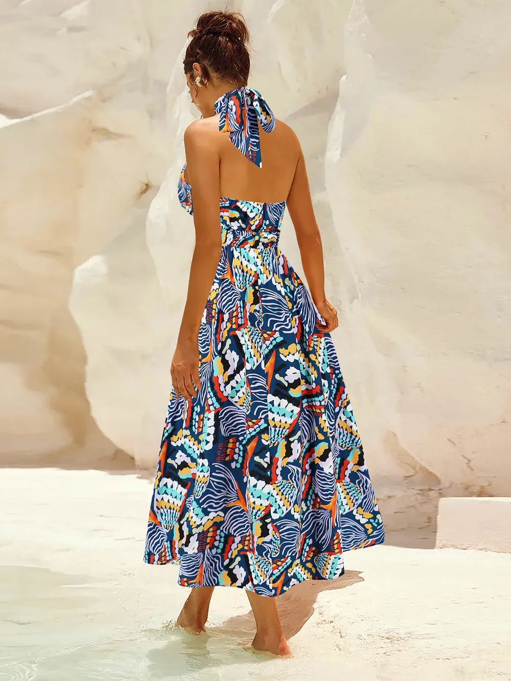Ruched Printed Halter Neck Midi Dress Trendsi
