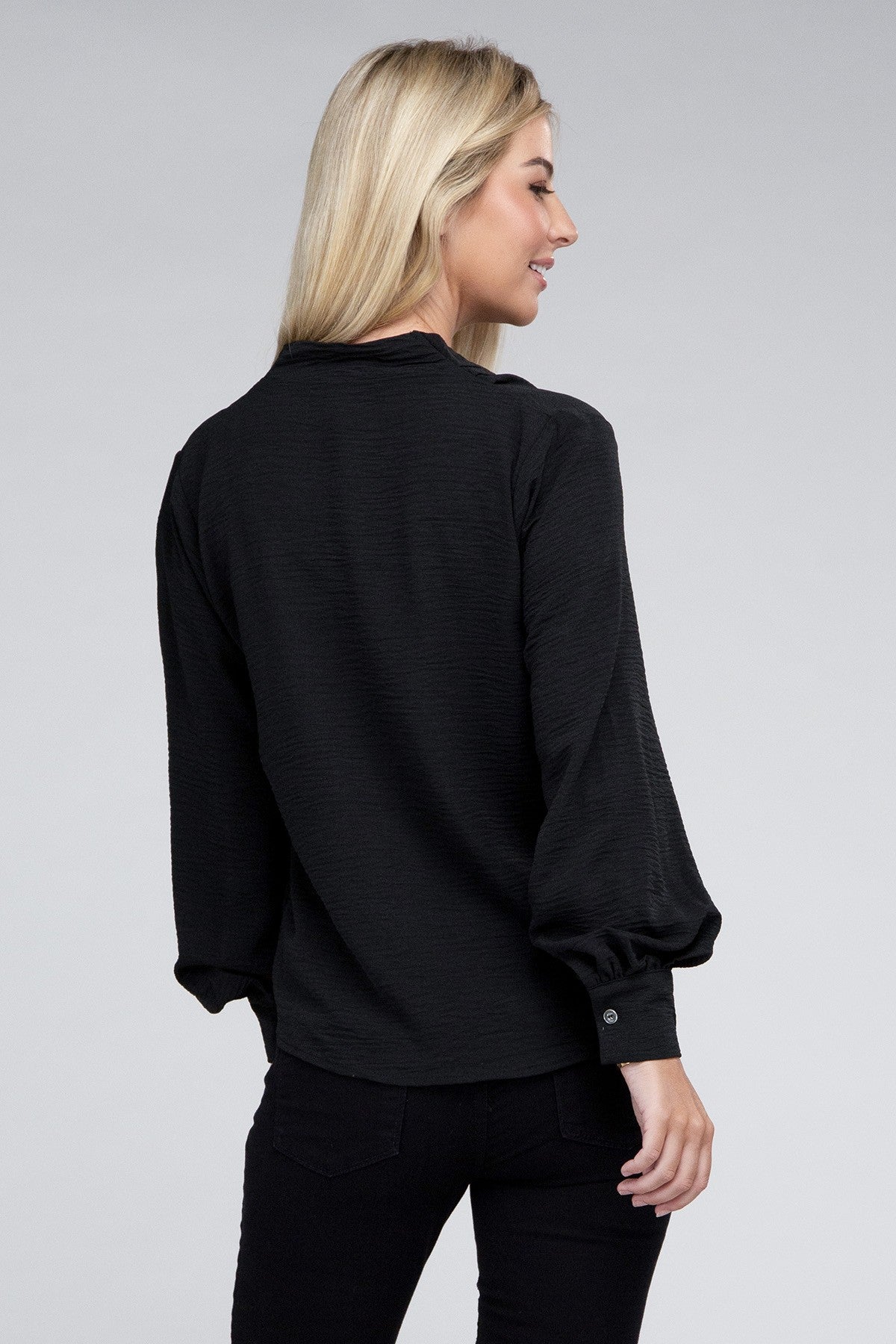 Woven Airflow V-Neck Long Sleeve Top ZENANA