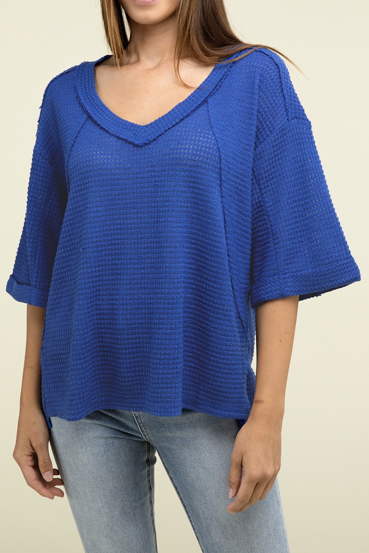 Brushed Waffle Exposed-Seam 3/4 Rolled Sleeve Top