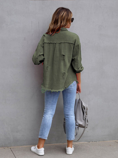 Distressed Drop Shoulder Denim Jacket Plus Size Trendsi