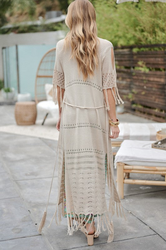 Solid Long Cardigan with Fringe Trimming