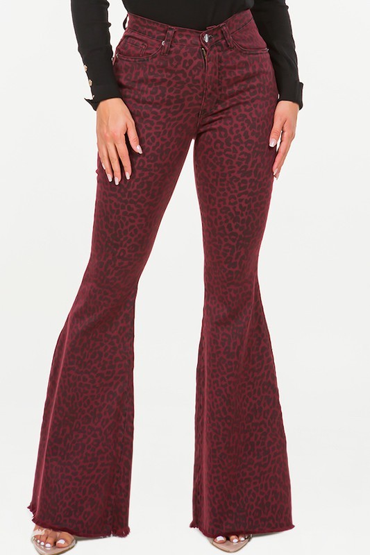 Leopard Bell Bottom Jean in Burgundy - Inseam 32