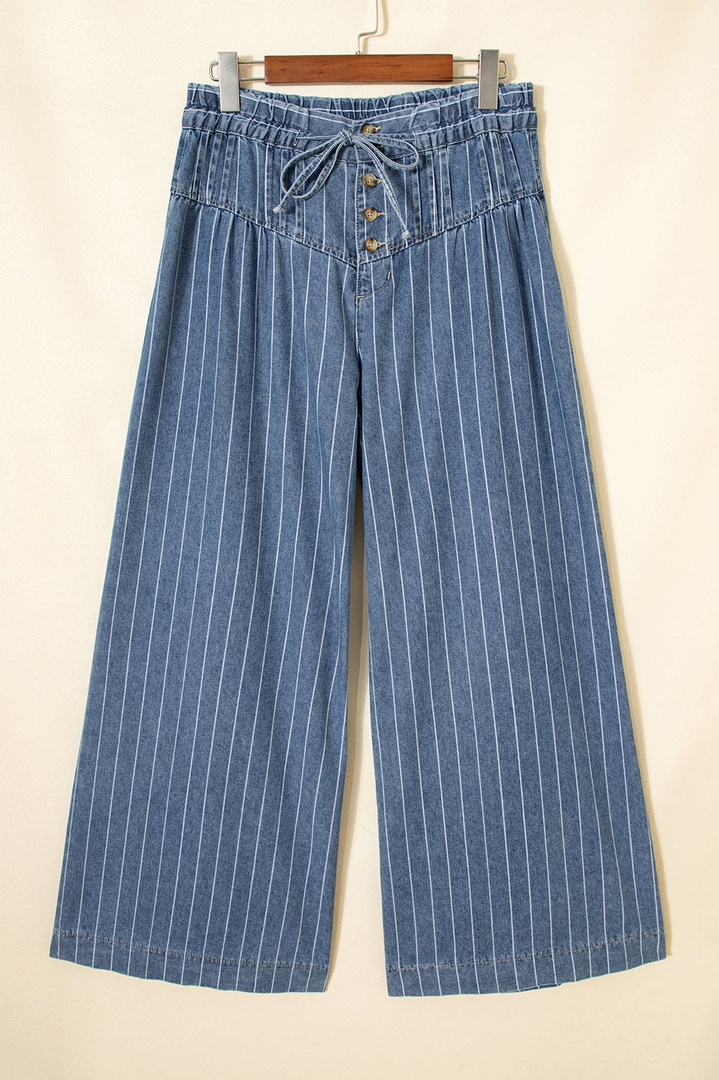 Sky Blue Stripe Button Pleated Drawstring Waist Casual Wide Leg Jeans  DAME BOHEME