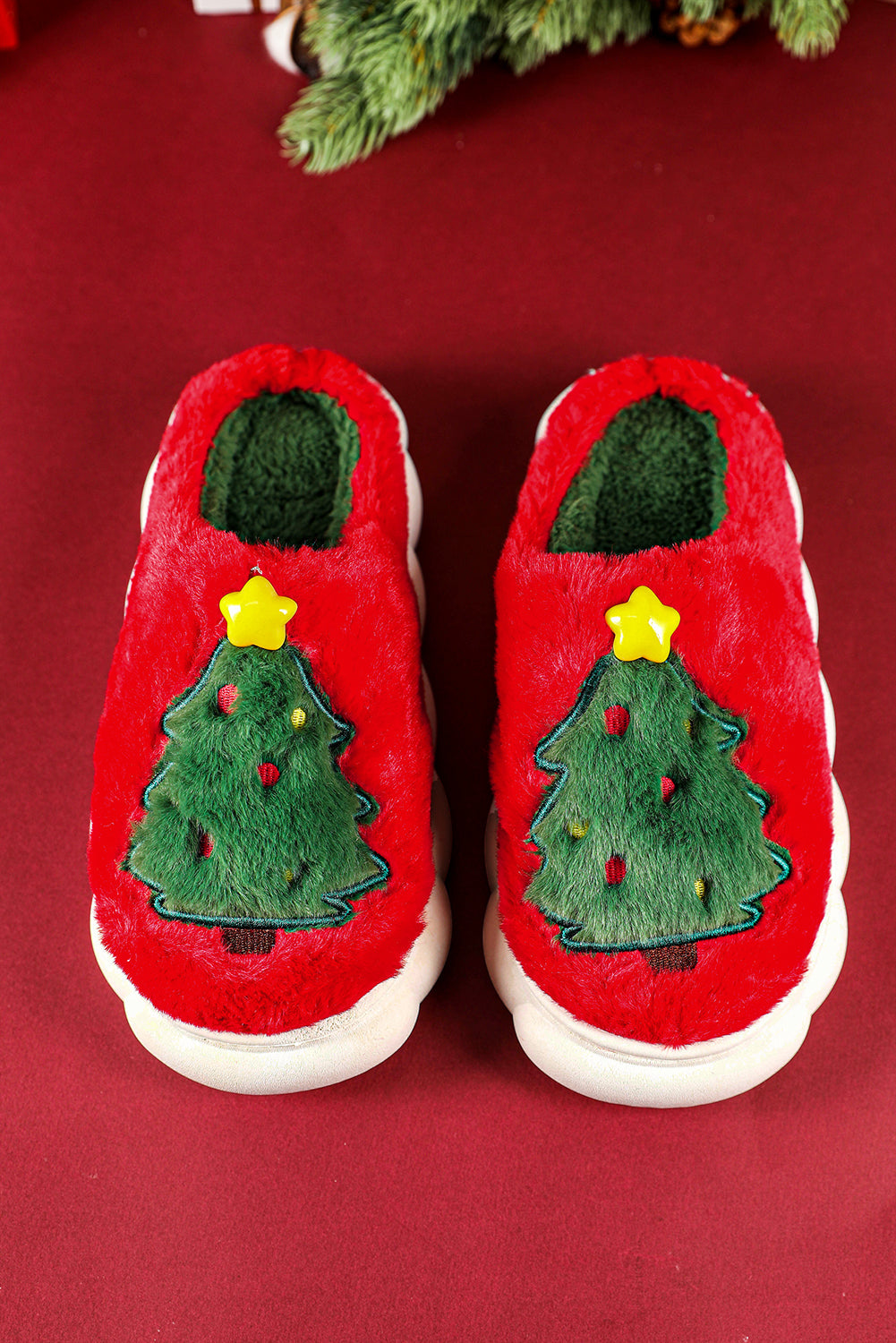 Fiery Red Christmas Tree Graphic Plush Slippers  DAME BOHEME