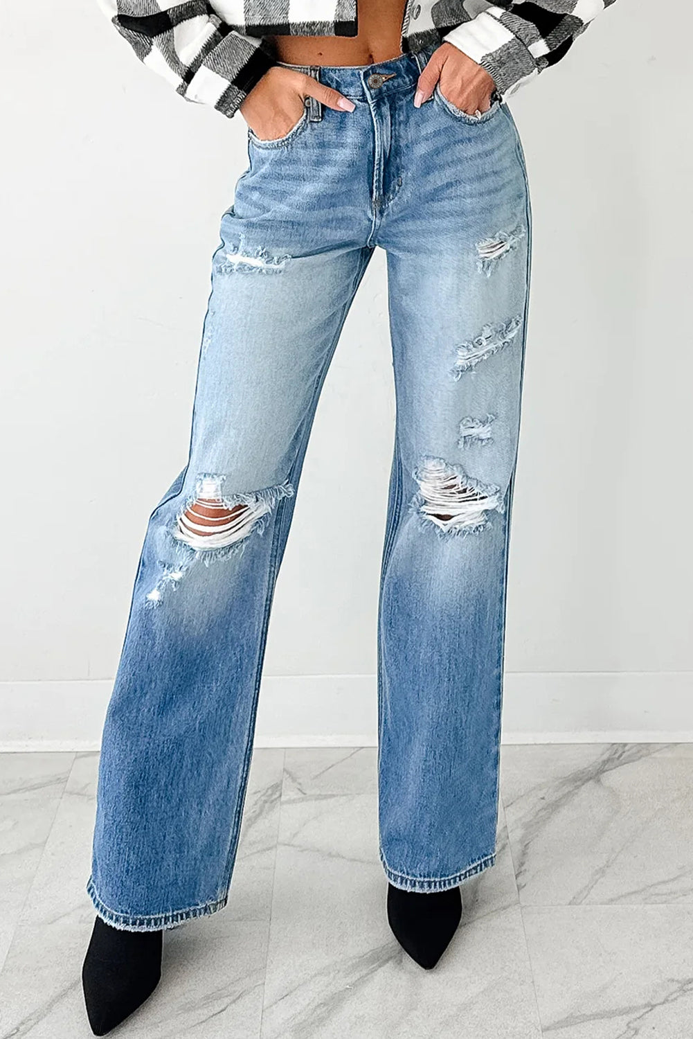 Myosotis Mid Rise Distressed Straight Leg Jeans  DAME BOHEME