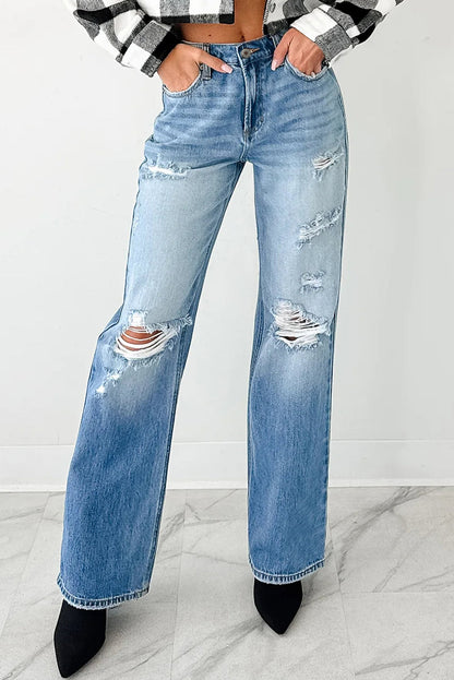 Myosotis Mid Rise Distressed Straight Leg Jeans  DAME BOHEME