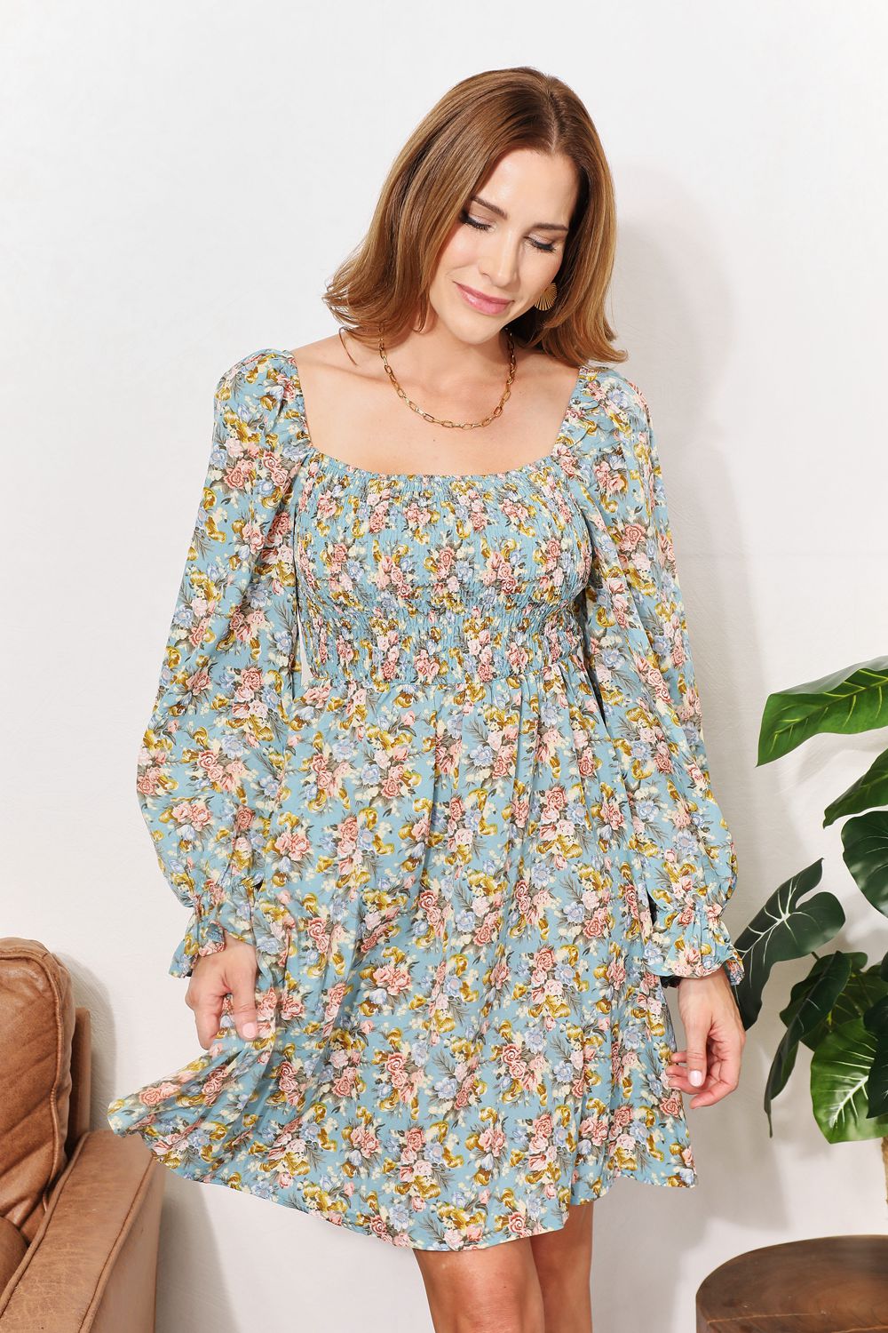 Honey Floral Smocked Flounce Sleeve Square Neck Mini Dress Trendsi