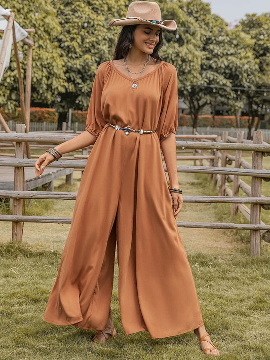 Scoop Neck Half Sleeve Wide Leg Jumpsuit Trendsi