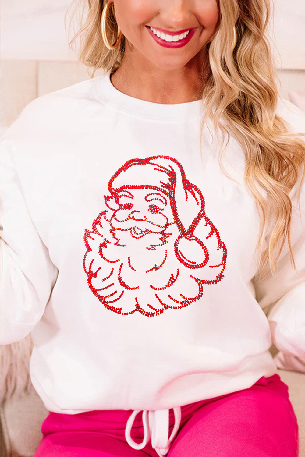 White Father Christmas Rhinestone Graphic Drop Shoulder Sweatshirt  DAME BOHEME
