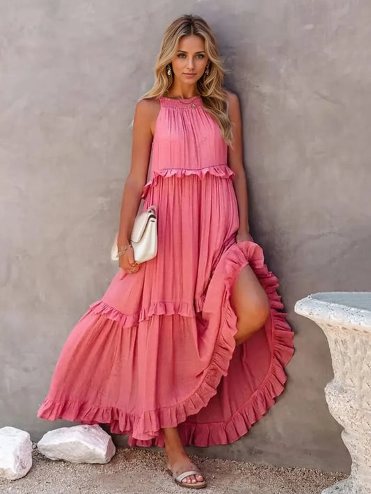 Ruffled Sleeveless Tiered Maxi Dress with Pockets  DAME BOHEME