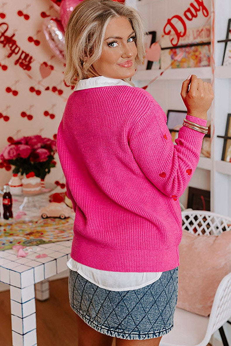 Red Hearts Pink Sweater Casual Knit Streetwear YNIQUE