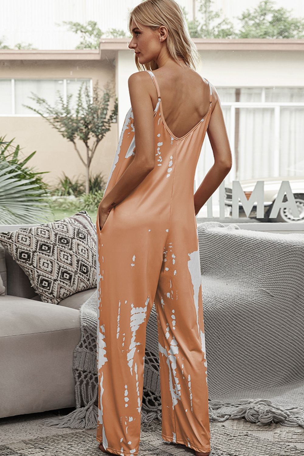 Shiny Tie-Dye Spaghetti Strap Jumpsuit with Pockets Trendsi