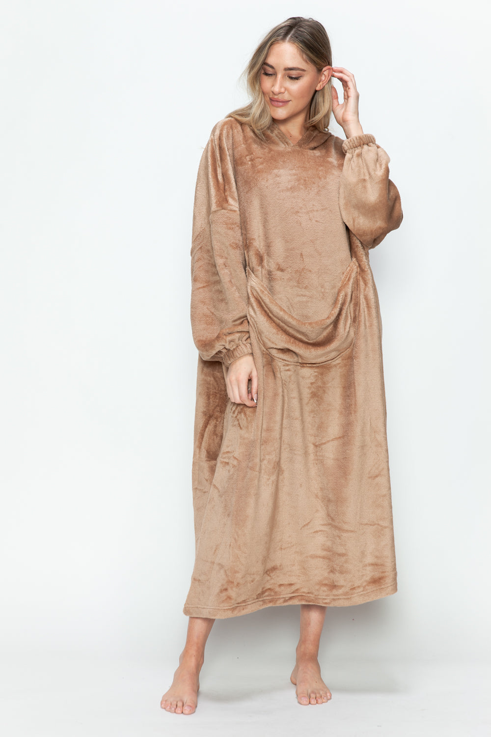 Full Size Pocketed Hooded Midi Lounge Dress Trendsi