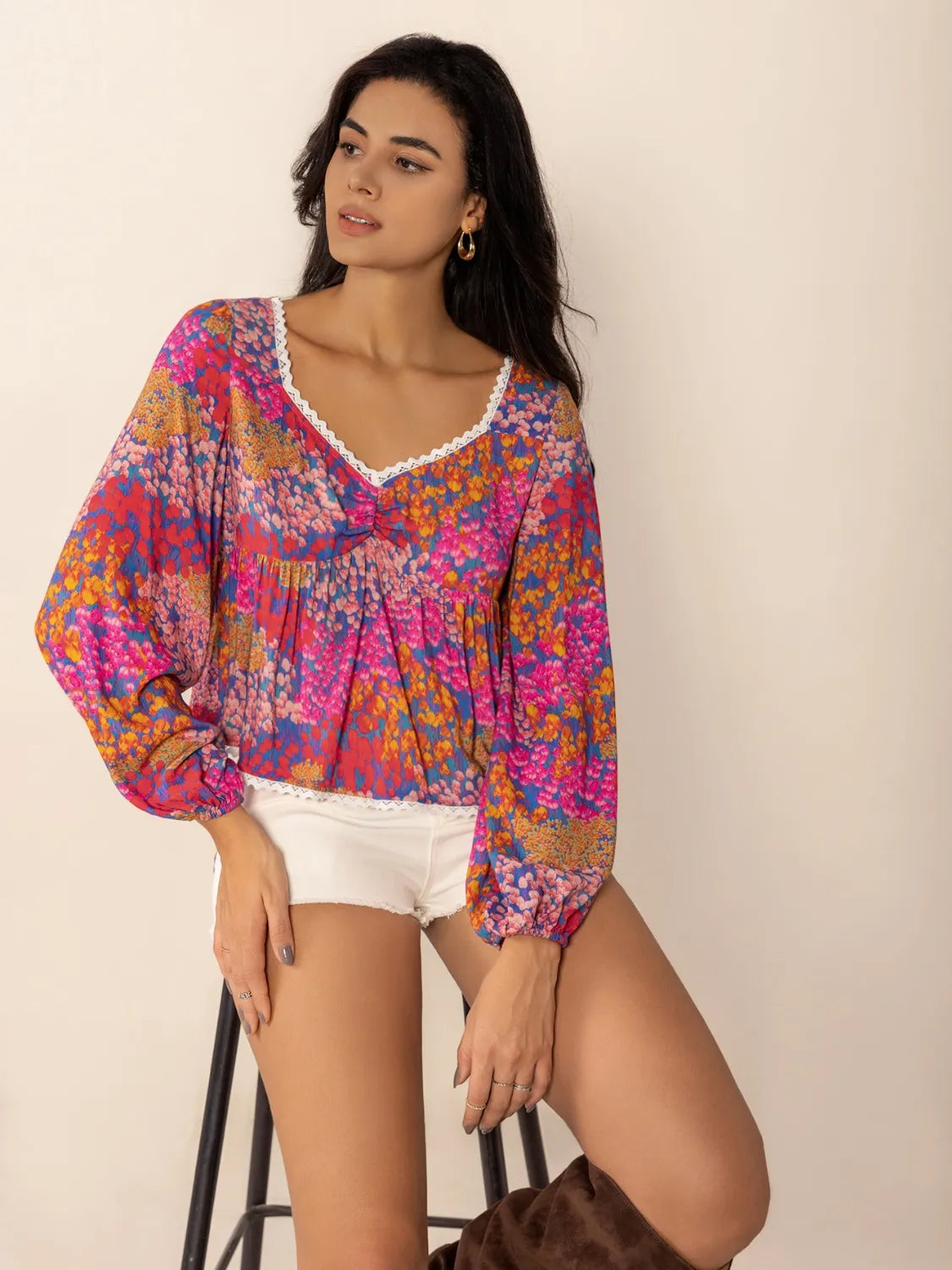 Lace Detail Printed Balloon Sleeve Crop Top Trendsi
