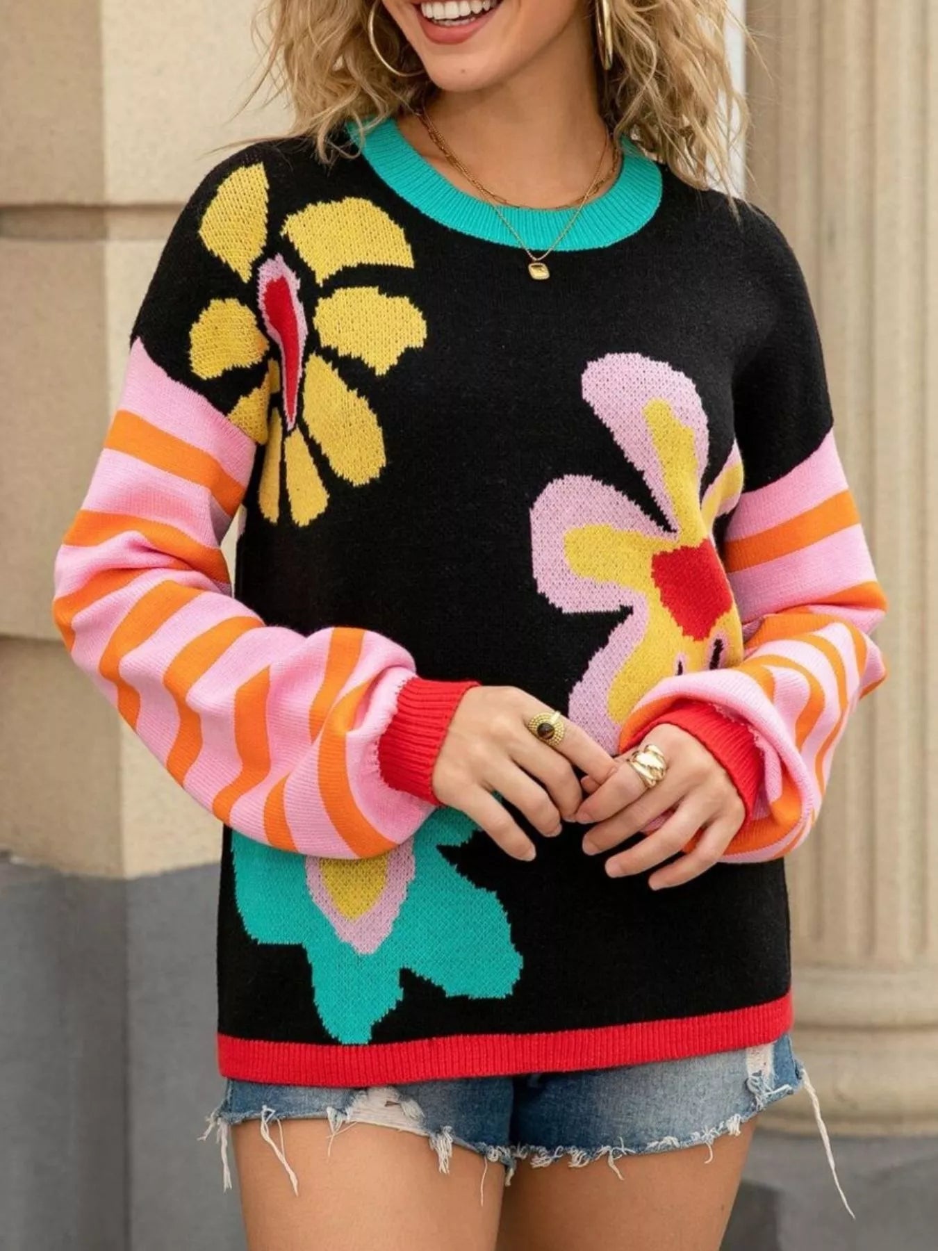 Retro Floral Striped Sleeves Crew Neck Sweater  DAME BOHEME