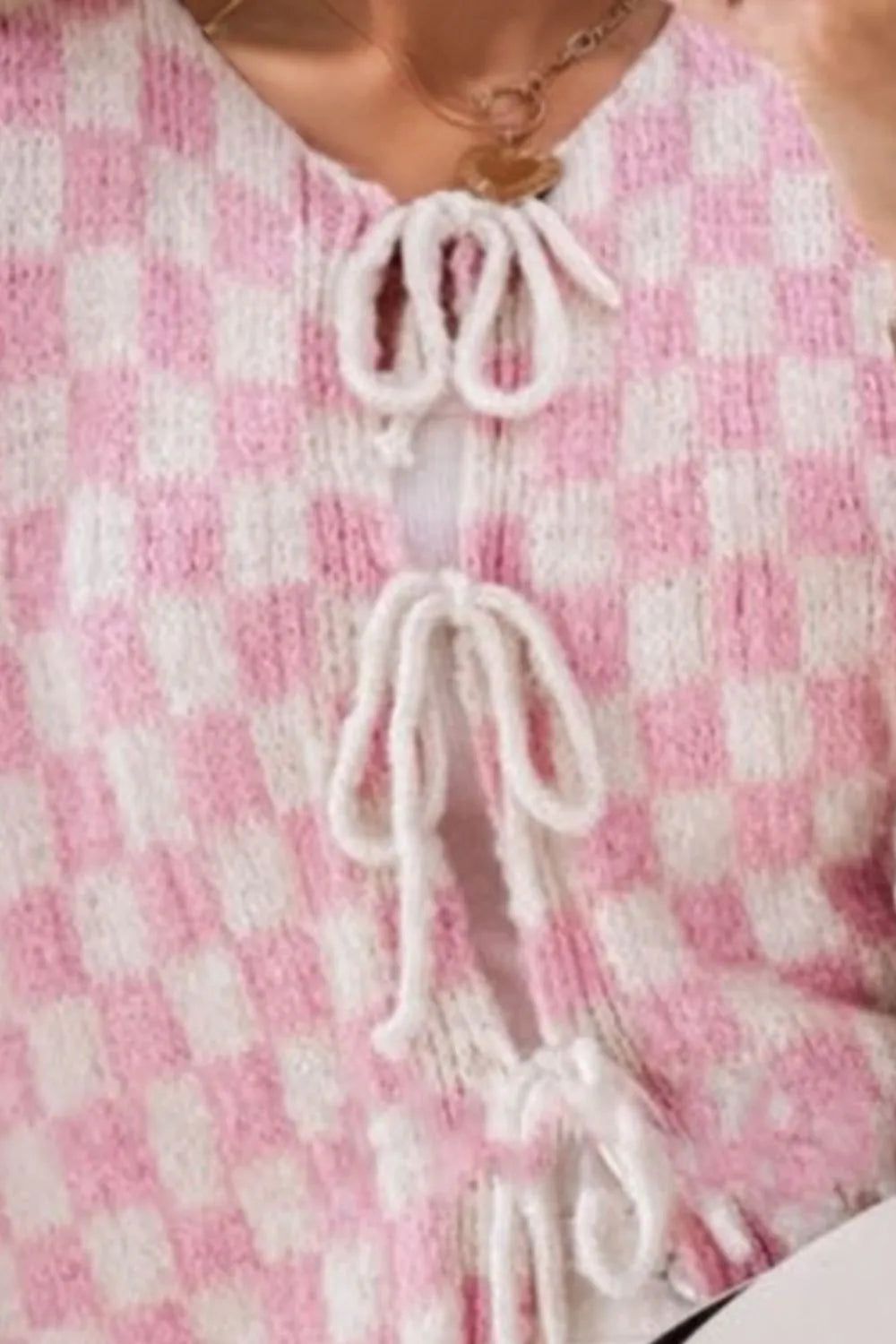 Double Take Tied Checkered Dropped Shoulder Flounce Sleeve Cardigan  DAME BOHEME