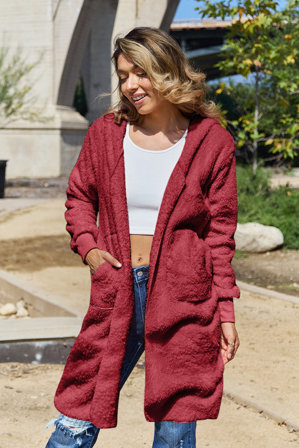 Double Take Full Size Hooded Teddy Bear Jacket with Thumbholes  DAME BOHEME