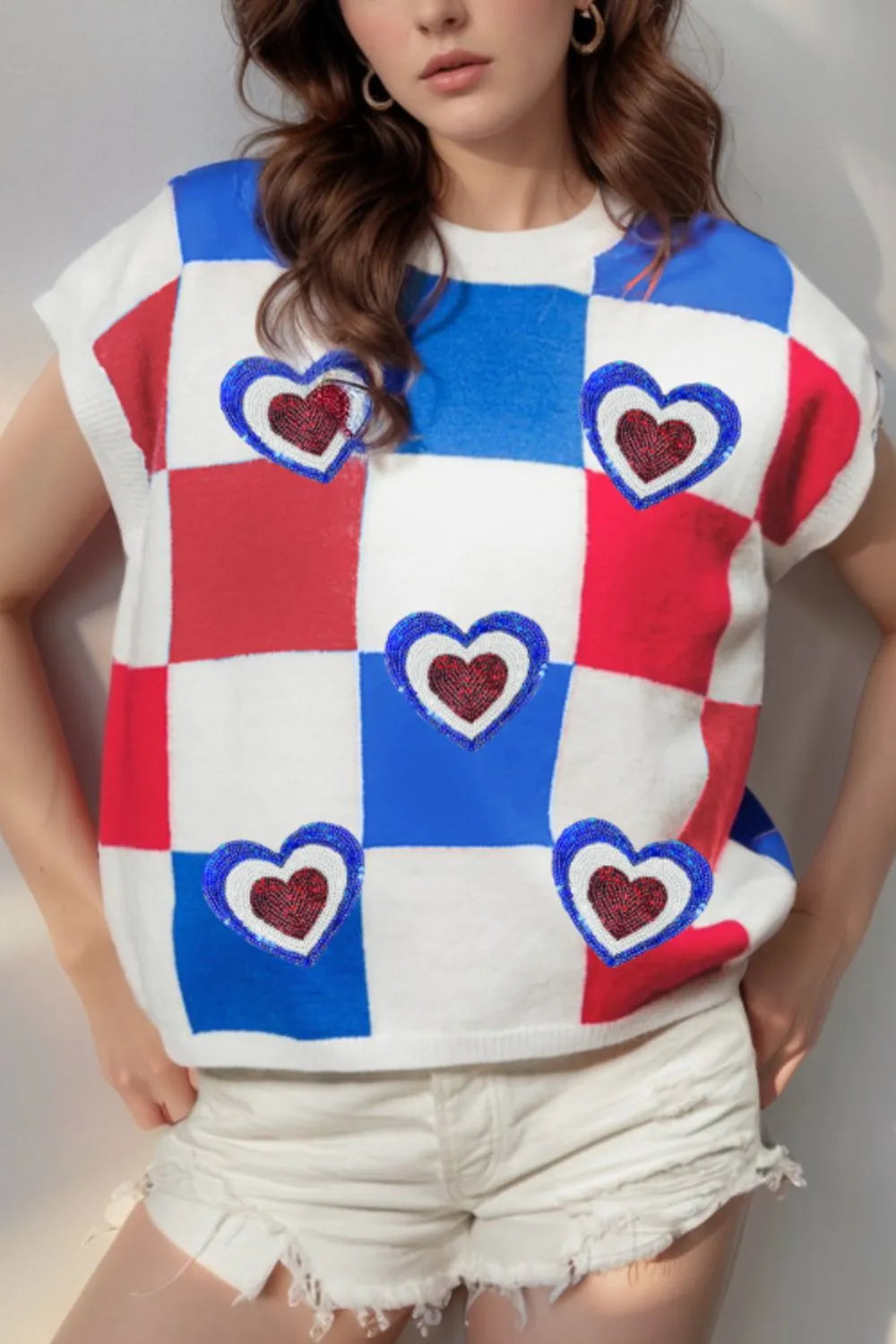 Sequin Heart Color Block Round Neck Knit Top  DAME BOHEME