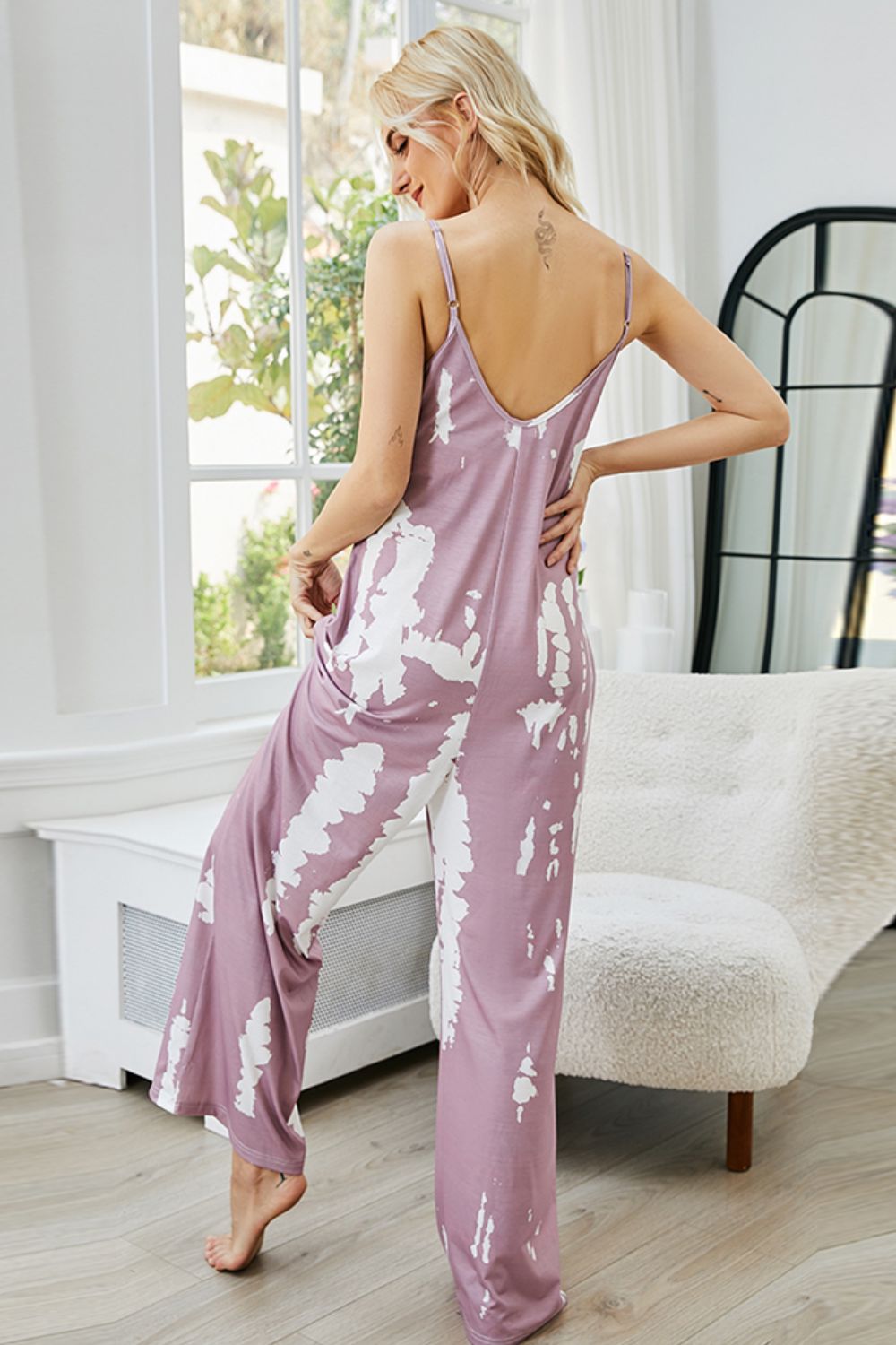 Shiny Tie-Dye Spaghetti Strap Jumpsuit with Pockets Trendsi