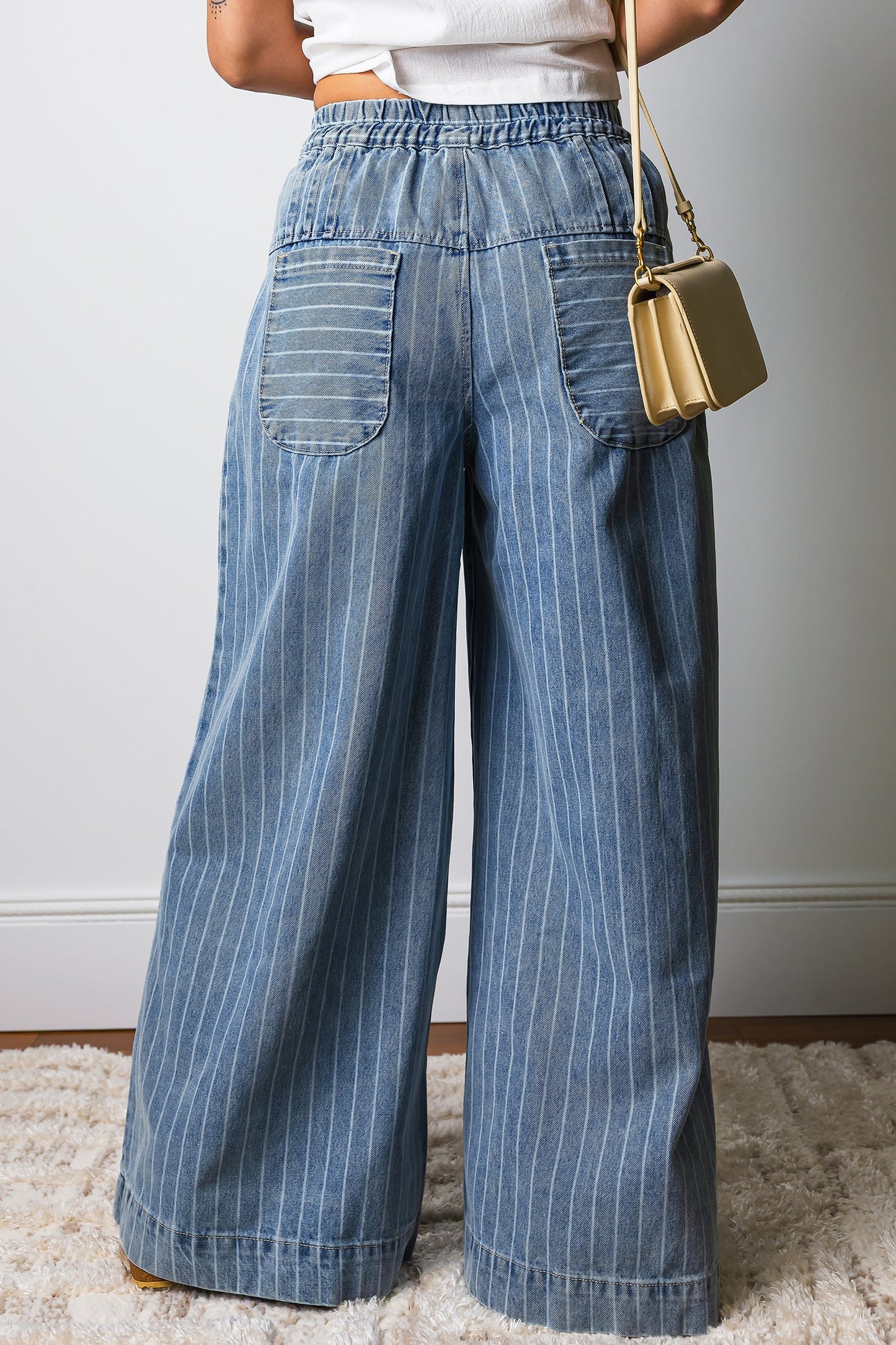 Sky Blue Stripe Button Pleated Drawstring Waist Casual Wide Leg Jeans  DAME BOHEME