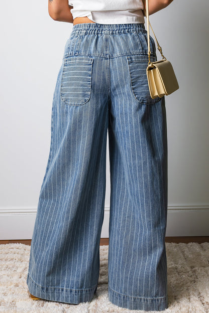 Sky Blue Stripe Button Pleated Drawstring Waist Casual Wide Leg Jeans  DAME BOHEME