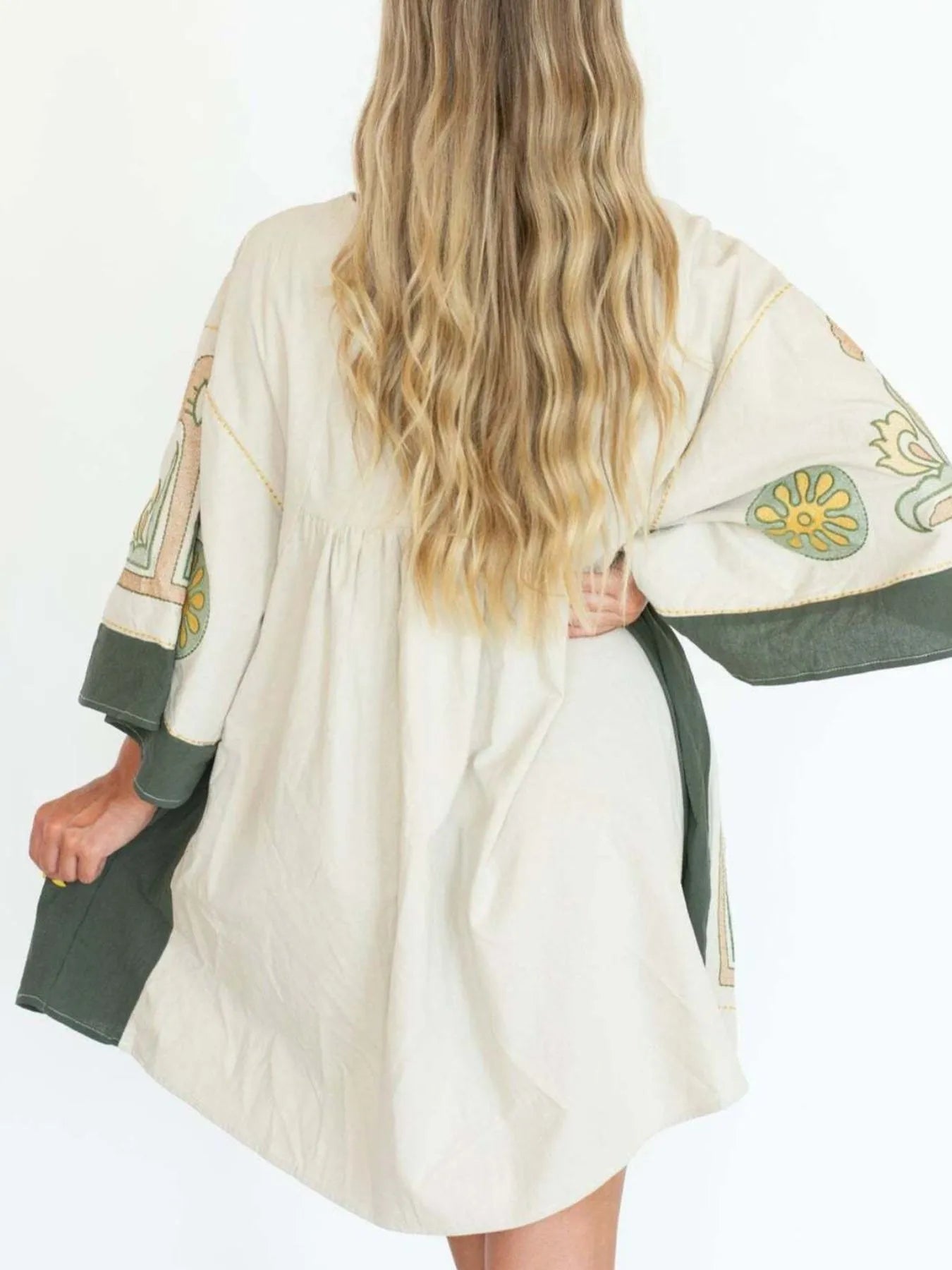 Printed V-Neck Kimono Sleeve Mini Dress Trendsi